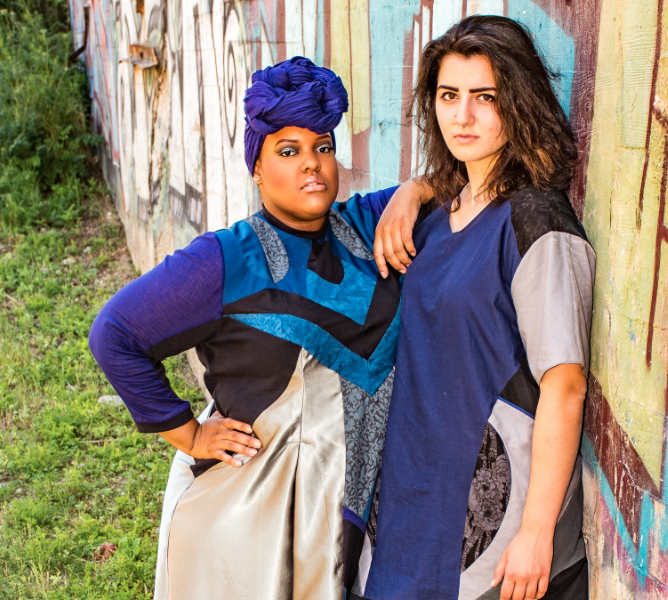 Designer Lena Harbali (left) stands next to a model (right) wearing one of her designs. Photo/Muslimgirl.com