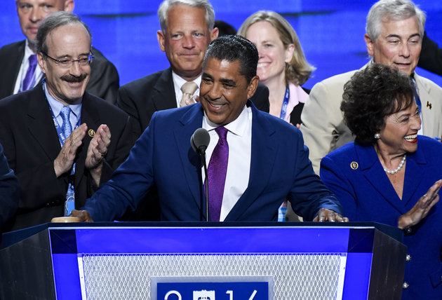 UNITED STATES - JULY 25: NY state senator Adriano Espaillat, D-N.Y., surrounded by New York Democrat lawmakers, speaks at the Democratic National Convention in Philadelphia on Monday, July 25, 2016. Photo By Bill Clark/CQ Roll Call