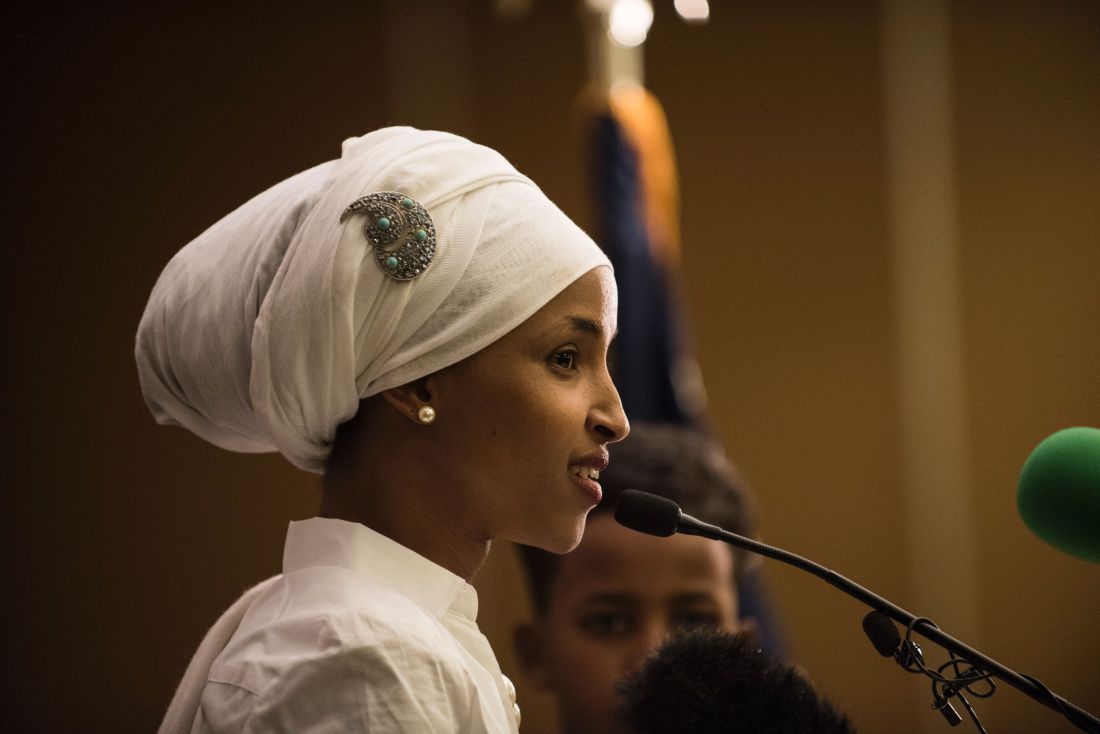 Ilhan Omar, a candidate for State Representative for District 60B in Minnesota, gives an acceptance speech on election night, November 8, 2016 in Minneapolis, Minnesota. Omar, a refugee from Somalia, is the first Somali-American Muslim woman to hold public office. STEPHEN MATUREN/AFP/Getty Images