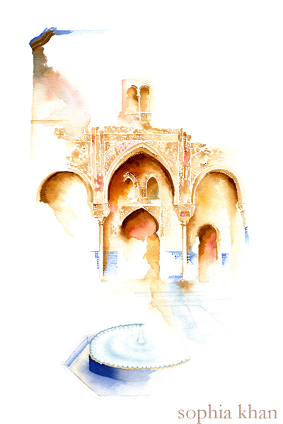 courtyard-of-the-mexuar-alhambra-palace-watercolor-copyright-sophia-khan